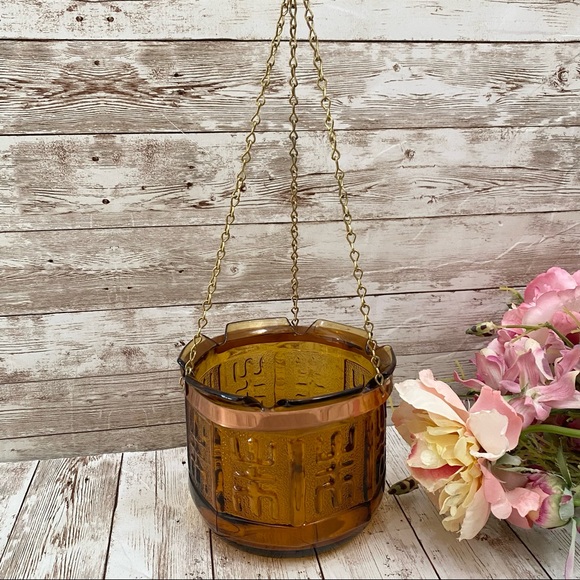 Vintage 70’s Princess House Amber Etched Glass Hanging Planter Plant Holder - Picture 2 of 13